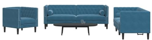 Bucmath 3-TLG. Chesterfield-Sofa-Set, Blau Samt, mit Nackenrollen, Wohnzimmer Möbel, Polstersofa für Komfort, 1 Sessel, 1 Zweisitzer, 1 Dreisitzer