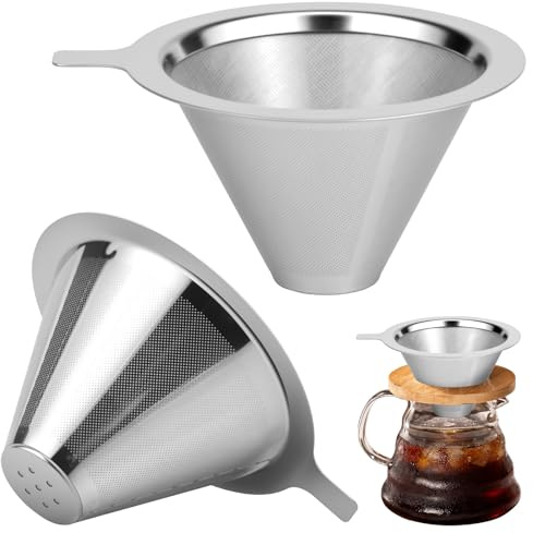 2Pcs Pour Over Coffee Filter,Stainless Steel Reusable Cone Coffee Filter Small Size Metal Cone Drip Paperless and Reusable Easy to Clean Double Mesh Design for 1-2 Cup