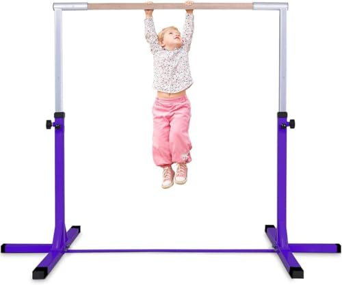 GYMAX Barre Gymnastique pour Enfant avec 12 Niveaux Hauteur (91 cm-150 cm), Barre de Gym en Bois de Hêtre & Structure en Acier, pour Intérieur & Extérieur (Violet)