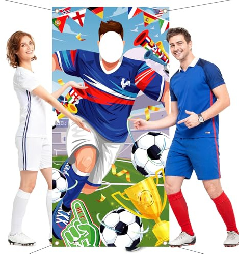 DPKOW Footballeur Photobooth Bannière pour France Coupe du Monde 2026 Décoration, Drôle Footballeuse Visage Jeu Bannière pour 2026 Coupe du Monde France Equipe Supporter Accessoires, 185 * 90 cm