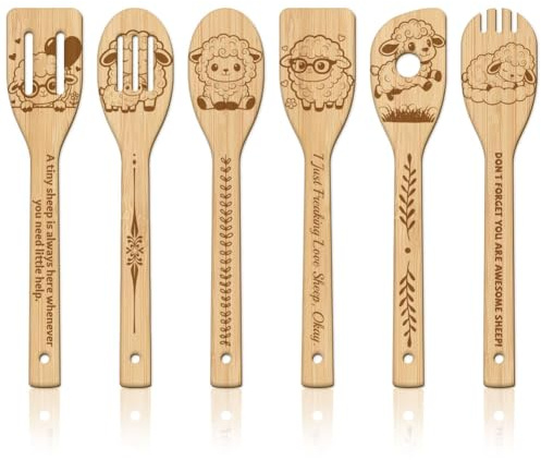 GLOBLELAND 6Pcs Cute Sheep Wooden Spoons Utensil Set Cute Cartoon Sheep Bamboo Carving Kitchen Cooking Utensils Wooden Engraved Cooking Spatula Sets for Kitchen Fun House Warming Gift