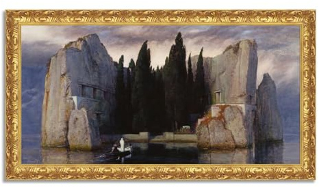 LuxHomeDecor Arnold Böcklin – Die Toteninsel – Bild mit Rahmen – Leinwandbild Malereffekt – mit Holzrahmen Gold Barock Klassisch - 130x70 cm