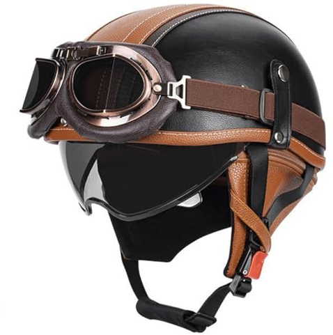 Retrò Elmetto Tedesco Pelle Mezzo Casco Motociclista Caschi Cromwell ECEDOT Omologato Moto Caschi Demi-Jet Con Occhiali Casco A Scodella Universale Uomo Donna 8,XL:61-62CM