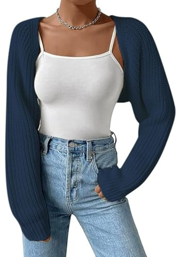 Women's Cropped Cardigan Y2K Long Sleeve Open Front Chunky Knit Shrug Casual Solid Bolero Going Out Top Streetwear