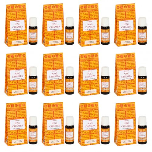 Goloka Nag Champa Huile aromatique 12 x 10 ml | Huile parfumée naturelle pour aromathérapie, diffuseur et pot-pourri | Parfum chaud Nag Champa | Pour la détente, la méditation et le parfum d'intérieur