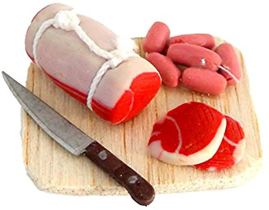 Melody Jane Puppenhaus Rolled Gelenk mit Fleisch & Wurst auf Brett Miniatur Küchenzubehör