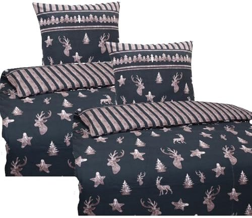 Hochwertige Biber Bettwäsche Baumwolle Winter Grau Braun 135x200 80x80 Set 4tlg