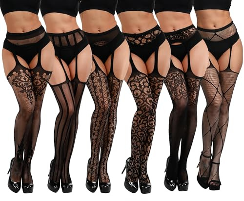 DRESHOW 6 Pares Mujeres Sexy Elástico Medias de Rejilla Lencería Liguero Muslo Panti Medias de Liga