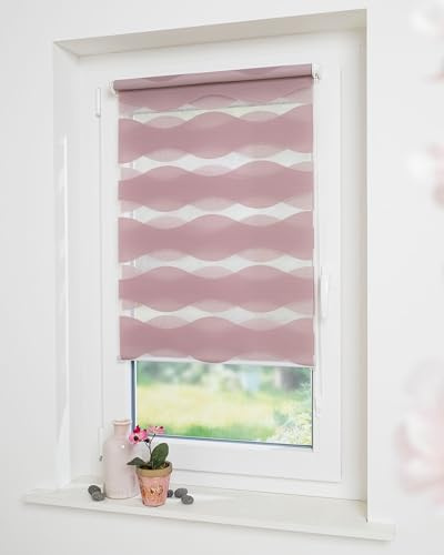 DECOLIA by Garesa Duo Rollo - Doppelrollo Klemmfix ohne Bohren 50 x 150 cm, Altrosa Wellendesign - Fenster Sichtschutz und Lichtschutz, Mit Kettenzug
