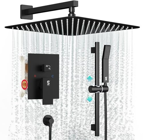 SR SUN RISE 12 Inch Slide Bar Shower Faucet Luxury High Pressure Shower Heads and Handheld Spray Combo Set Wall Mounted Shower System Included Valve and Trim Kit, Matte Black