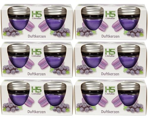 Duftkerze im Glas Macaron Blueberry mit Deckel, 12er Pack mit je ca. 7 Std. Brenndauer, Ø6cm, Raumduft als Geschenk, Kerze als Dekoration