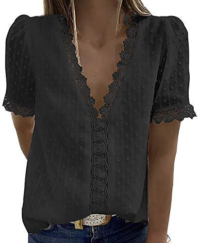 Masrin Damen Tops Mode Spitze Jacquard T-Shirt Tiefer V-Ausschnitt Blumenstickerei Patchwork Pullover Einfarbige Tunika Bluse (XL,Schwarz)