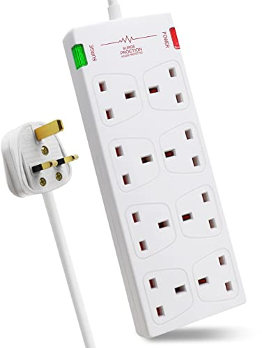 EXTRASTAR 8 Way Extension Leads with Surge Protection, 13A 3120W Approved British UK Wall Mounted Power Strips with 3 Metre Extension Cord for Home, Office - White