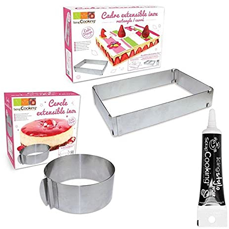 2 cadres pâtisserie extensibles cercle & rectangle + Stylo glaçage noir