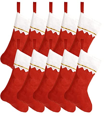 Calcetín de Navidad,Zuzer 10PCS Calcetín Navideño Medias de Navidad Rojo Grande Calcetines de Navidad Medias de Regalo de Saco de Navidad,Bolsa de Dulces Regalo Decoración Navideña para llenar Colgar