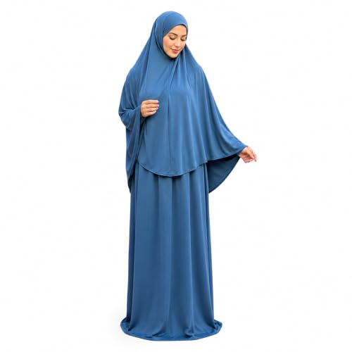 Yaqeen Gebets-Set, Kopftuch und Rock, Gebetskleid Khimar zum Überziehen, dehnbares Lycra, toll für Alltag, Zuhause, Arbeit, Reisen, Haddsch, Umrah, Moschee, Madrasa, Ramadan, jeansblau
