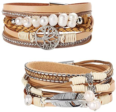 MILACOLATO 2 Pulseras De Cuero Para Mujer, Estilo Bohemio Multicapa Árbol De La Vida Pulseras Brazaletes Gris Marrón Negro Azul Hebilla Magnética Brazaletes Joyería Regalo Para Madres Amigas