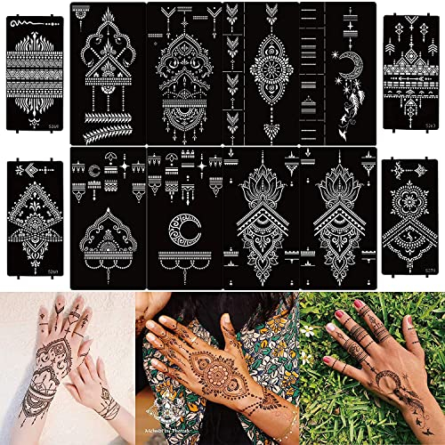 DIVAWOO 12 Blatt Temporäre Tattoos Henna Schablone Set, Indischer Arabischer Hände Hand Tattoo Tempel Aufkleber für Frauen Finger Körper
