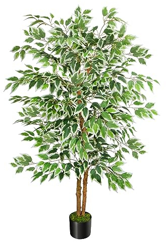 GTIDEA Künstlicher Ficus-Baum, 150 cm, natürlicher Stamm, Kunstbäume, für Innenbereich, Seidenblätter, für Heimdekoration, Innenbereich, Sommer, Büro, Wohnzimmer, Outdoor, inklusive getrocknetem Moos