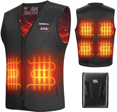 KEMIMOTO Chaleco Calefactable Hombre, Chaleco Térmico Eléctrico Batería 10000 mAh, con Función de Apagar Luz, 6 Zonas de Calefacción & 3 Niveles de Calor para Esquí, Pesca, Moto, Camping