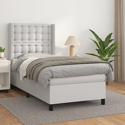 Gecheer Boxspringbett mit Matratze Polsterbett Bettgestell Jugendbett Doppelbett/Einzelbett Gästebett Schlafzimmerbett Balkenbett Bettrahmen mit Lattenrost Holzbett Bett Weiß 90x190 cm Kunstleder