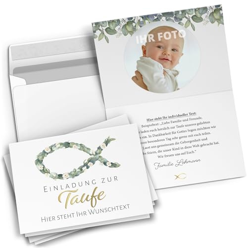 10 personalisierte Taufe Einladungskarten mit eigenem Text und Foto | Tauf-Einladungen mit Umschlag Eukalyptus Motiv Blumen Fisch Modern Edel