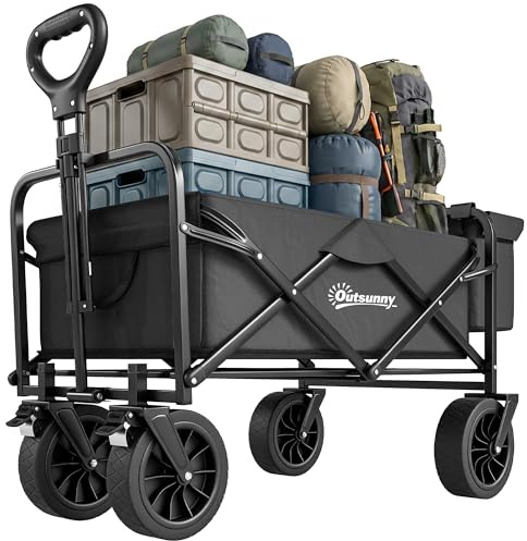 Outsunny Carro Playa Plegable con Ruedas Grandes para Exterior Negro