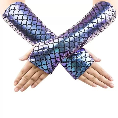 Azonelife Fingerlose Handschuhe Damen Meerjungfrau, Fischschuppen Lange armstulpen, Halloween Mädchen Cosplay Handschuhe Arm Ärmel für Bühne Leistung Fasching Partei Kostüm Zubehör