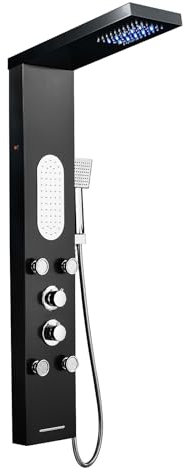 MENATT LED Shower Panel Tower System Stainless Steel,5 in 1 Shower Panels with 4 pcs Body Massage Jets,Body Waterfall Spray,Handheld Shower and Tub Spout,Black