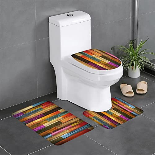 Badvorleger, bunt, lackiertes Holz, bedruckt, rutschfest, 3 Stück, 60 x 40 cm, Badezimmerteppich-Set – Badematte + U-förmiger WC-Vorleger + O-förmiger WC-Sitzbezug