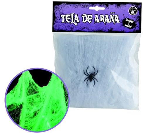 Rubies Mini Telaraña Glow in Dark, Decoración Halloween, Noche de Brujas, Arañas, Fiestas, Hogar, Brillante en la oscuridad