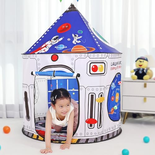 Rocket ship Kids Play Tent for Indoor Outdoor Astronauts Spaceship Play Tent Kids Playhouse Pop Up Tent Baby House Rocket Planets Space Castle Playhouse for Boys & Girls Birthday Gift