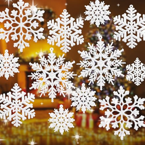 36pcs Snowflakes Christmas Tree Decorations - Silver Snowflake Ornaments Glitter Plastic Snow Flakes Ornaments for Winter Wonderland Christmas Tree