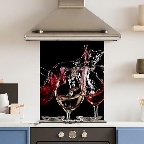 Toughened 6mm Glass Kitchen Splashback 60 x 75cm 3 Wine Glasses - Polished Edge Heat Resistant Back Splash for Cookers Hob