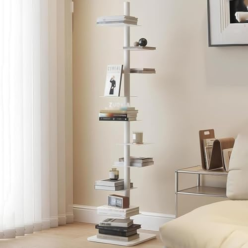 SAYEYBU Unsichtbares BüCherregal, 9-Stufiger BüCherturm Mit Vertikalem RüCken, Mehrzweck-Eck büCherregal, Robuste Buchorganisatoren Aus Metall, BüCherstäNder,Weiß
