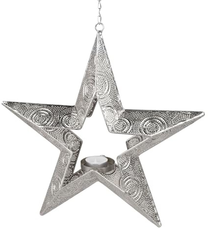 Formano Hänger Stern Silber 29 cm Metall Teelichthalter - Weihnachtsdeko Hängend Adventsstern Fensterdeko - Durchbrochen - Wohnzimmer Weihnachtsstern
