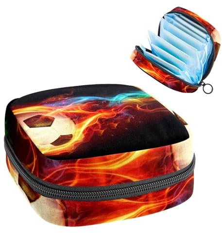 Aufbewahrungstasche für Damenbinden, Menstruationstasse, Tamponbeutel, Periodeneinlagen-Halter, Organizer für Frauen und Mädchen, Fußball, Feuer, Schwarz