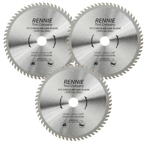 Rennie Tool 3pc 165mm x 20mm Bore x 60T TCT Cordless Circular Saw Blades | Fits Bosch Makita Ryobi Dewalt Circular Saws etc, Thin Kerf 165mm Circular Wood Saw Blades For Cordless Saws / 1.5mm Thin Cut