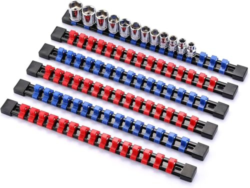 Autojack Socket Organizer Set, 6 Piece Sockets Rails 1/4, 3/8, 1/2 Hold | 6-piece red & blue socket rail set for 1/4, 3/8 & 1/2 sockets, with secure spring-loaded clips for easy storage.