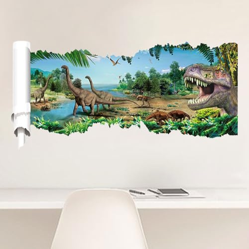 SanKristo 3D Rotto Muro Giungla Dinosauro Adesivi Murali, Autoadesivo Dinosauro Carta da Parati Adesivi Finestra Adesivi casa Adesivi Bimbo Bimba, Soggiorno Camera da Letto Cucina Bagno Muro Decor