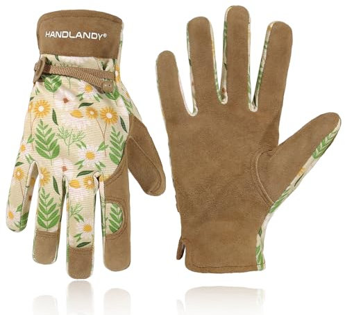 HANDLANDY HLDD Damen-Gartenhandschuhe, atmungsaktive Damen-Arbeitshandschuhe aus Leder für Gartenarbeit, Autofahrer, Mechaniker, Bauarbeiter (Klein, Braun und Grün)