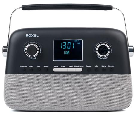 Roxel Retro D2 DAB y Radio FM - Altavoz BT inalámbrico de 5 W, reproducción USB, AUX, reloj despertador, 30 estaciones preestablecidas, diseño portátil, batería recargable, antena telescópica,