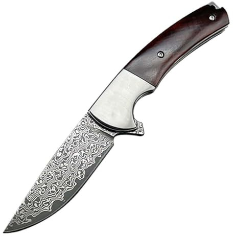 Joa Couteau de poche damassé - Couteau pliant robuste en acier de Damas - Manche en bois de sable