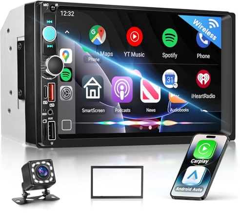 VECHTEL Autoradio 2 Din Blurtooth con Wireless Carplay Android Auto,Radio FM 7 Touchscreen IPS,Navi,2 USB/SD/AUX,Video online, Mirror Link, Autoradio con telecamera posteriore/comandi al volante