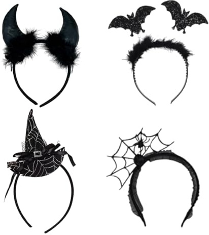 WEITAPYT Halloween Haarreif Set, 4pcs Stirnband Halloween, Teufelshörner, Spinnennetz, Fledermaus Und Hexenhut Stirnband, Geeignet für HalloweenKarneval, SchulauffüHrungen, Maskerade