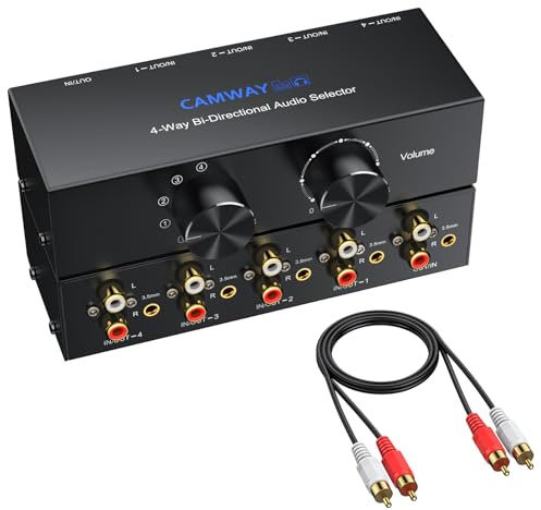 CAMWAY 4 (1) In-1(4) Out RCA L/R Stereo Audio Switch, Two-Way Audio Switch with Volume/Off Button, Passive AUX Stereo Switch for Speakers, Headphones, Amplifier