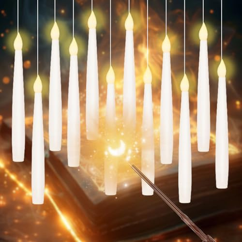 12 Stück LED Schwebende Kerzen, Fliegende LED Kerzen mit Zauberstab Fernbedienung, Flammenlose Hängende Fliegende, Hängende Kegelkerze für Schlafzimmer Wohnzimmer Gechencke Halloween Weihnachten