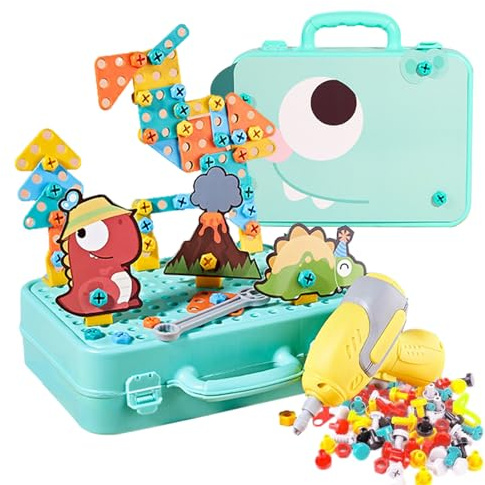 Mosaik Steckspiel Spielzeug mit Bohrmaschine & Werkzeugkoffer Montessori Dinosaurier Spielzeugkiste Schrauben Steckspiel Set Lernspiele Geschenk für Jungen & Mädchen ab 3 4 5 Jahre(243 Stück)