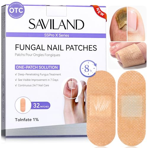 SAVILAND Fungal Nail Patches Extra Strength: 8H Overnight Repair 1% Tolnaftate Toenail Treatment 32 PCS FSA-HSA Nighttime Nail Renewal Restores Damaged Nails Discolored Thick Yellow Healthy Appearance