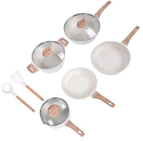 Luocute Set di Pentole e Padelle Antiaderenti, Pentole in Alluminio Pressofuso con Rivestimento in Granito, Prestazioni Antiaderenti 10 Volte Migliorate, Impilabili con Protezioni per